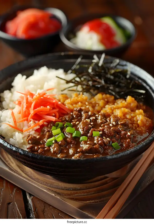 Japanese Curry Rice Bowl With Pickles And Seaweed