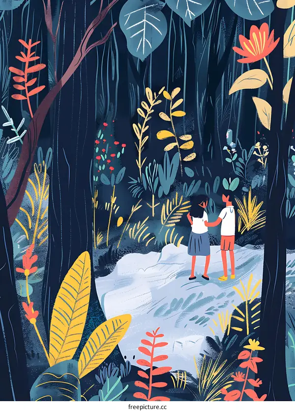 Two People Standing in a Forest with Colorful Flowers and Trees