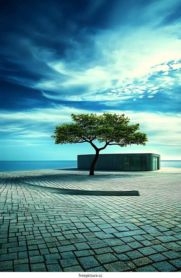 Minimalist Architecture Design with a Green Tree and Blue Sky