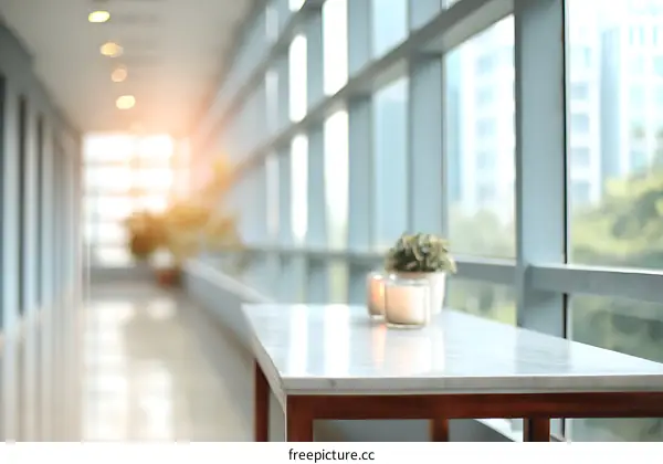 Modern Office Corridor with Large Windows and Table