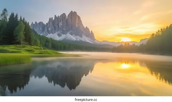 Stunning mountain lake landscape with vibrant sunset and lush greenery