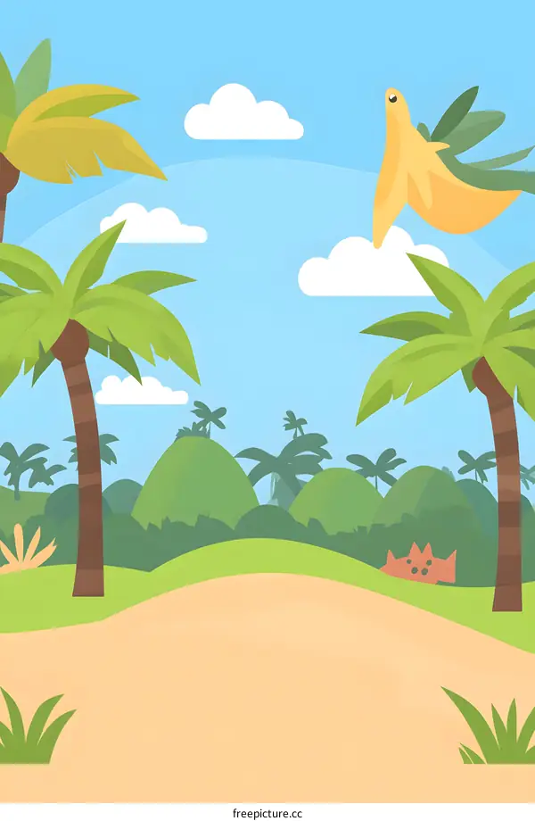 Cartoon Illustration of Tropical Landscape With Flying Banana Peel