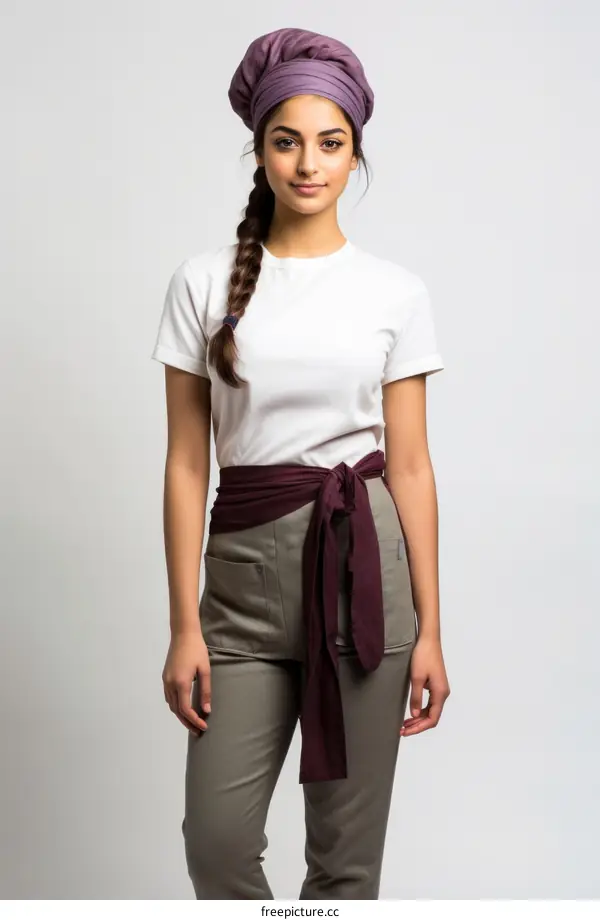 woman wearing a purple turban and white shirt