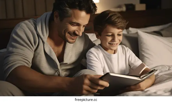 Father and son reading a book together