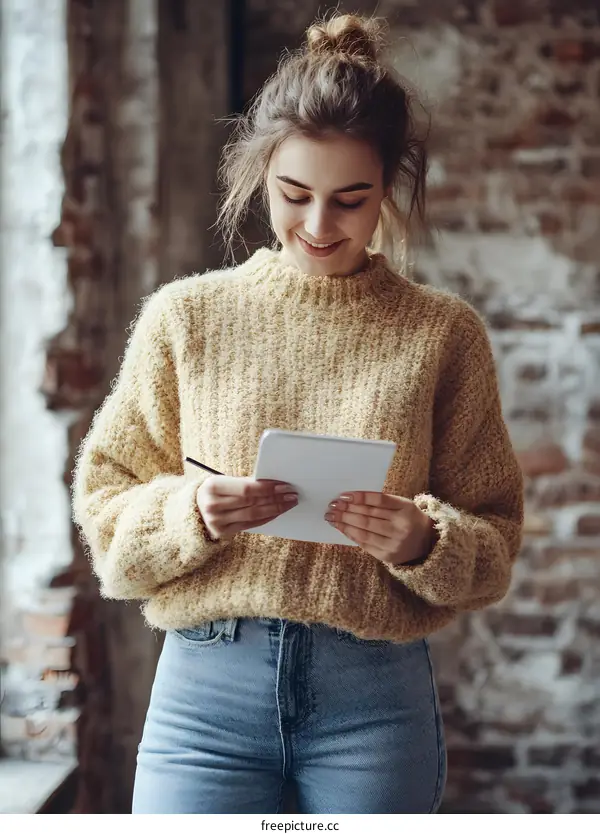 Woman in Yellow Sweater Writing in Notebook