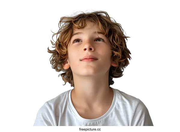 [Transparent Background PNG]Portrait of a boy with freckles and curly hair looking up