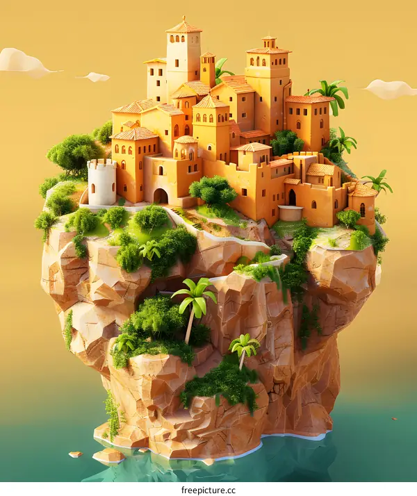 3D Illustration of a Floating City on an Island with Palm Trees