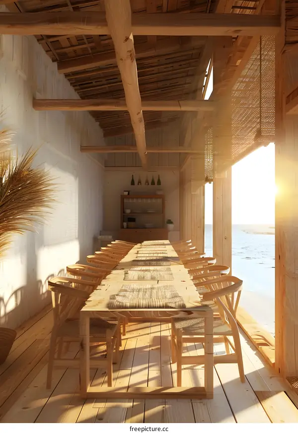 Wooden Dining Table in a Beach House with Sea View