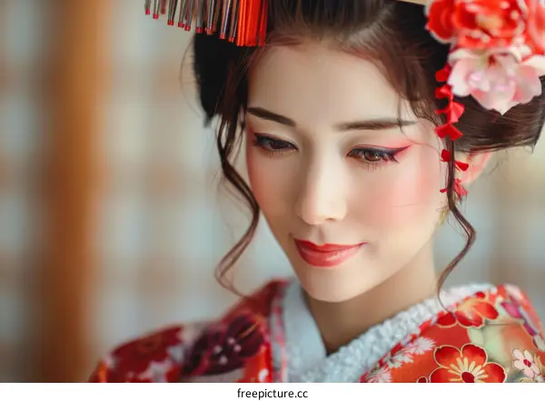 Portrait of a beautiful Japanese woman in traditional kimono