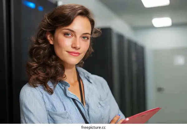 Female IT professional in data center
