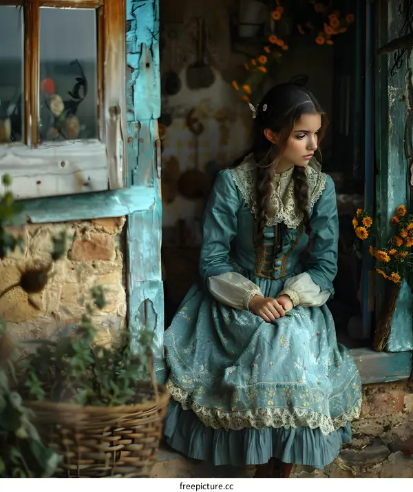 Young Woman in a Vintage Dress Sitting by a Window