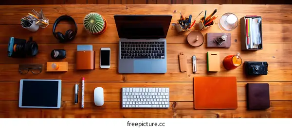 Organized Workspace Desk Top View with Modern Technology
