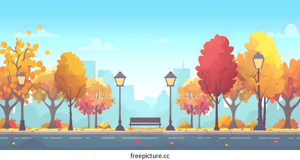 Autumn City Park Landscape With Trees And Bench
