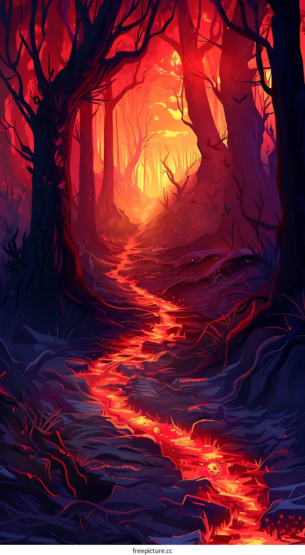 Lava River Through Red Forest