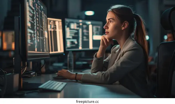 A young woman sits at her computer thoughtfully gazing at the code she is writing. She has her hand on her chin and is wearing a suit.
