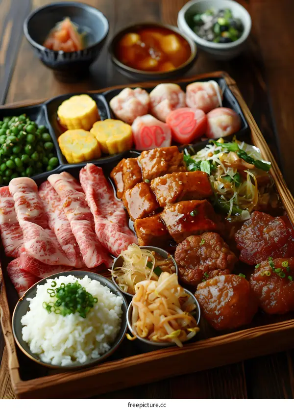 A delicious Japanese meal with beef, pork, and rice
