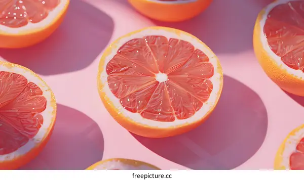 Fresh Pink Grapefruit Halves on Pink Background