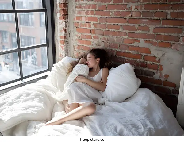 Woman Sleeping In Bed With White Bedding and Brick Wall