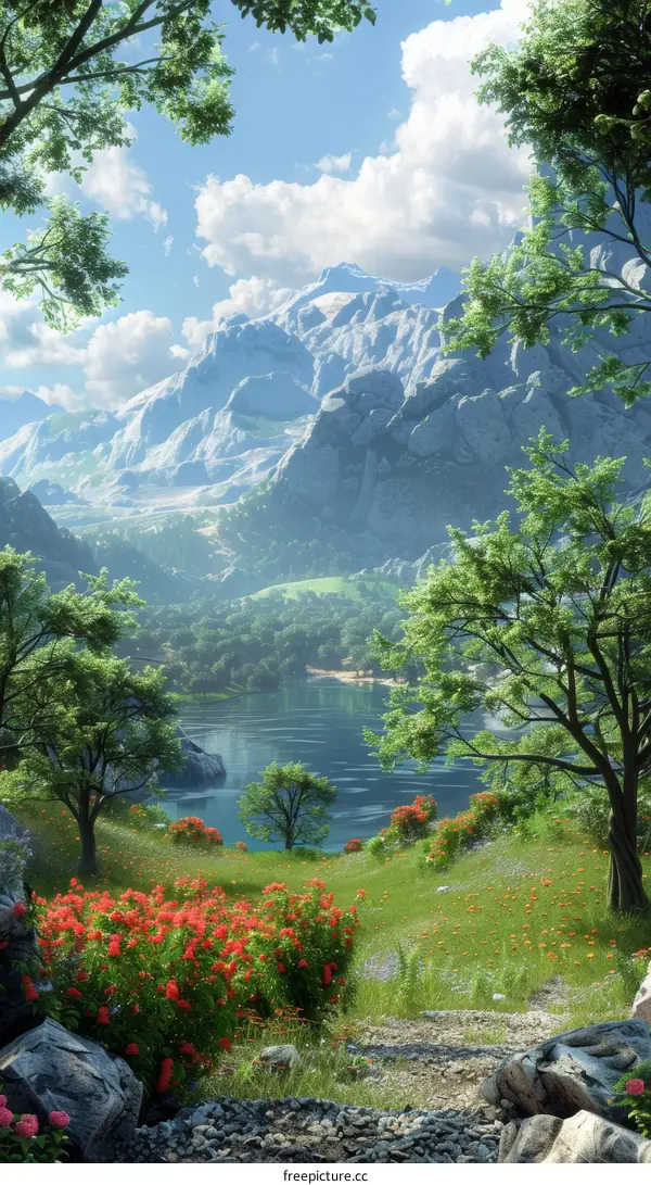Surreal Fantasy Landscape with Majestic Mountains, Serene Lake and Vibrant Flowers