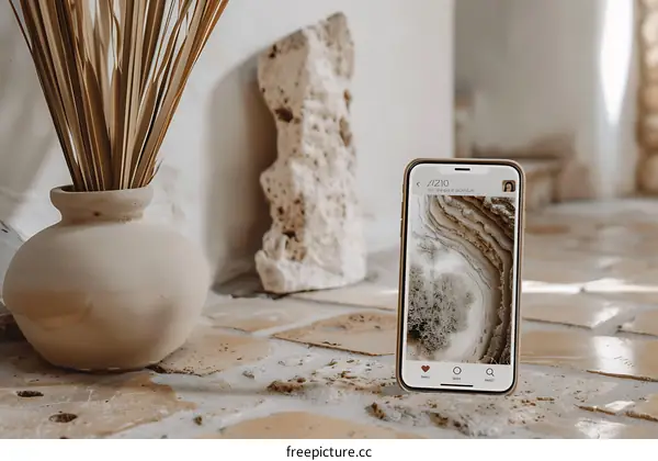 Aesthetic Minimalist Home Decor with Phone Screen Showing Nature
