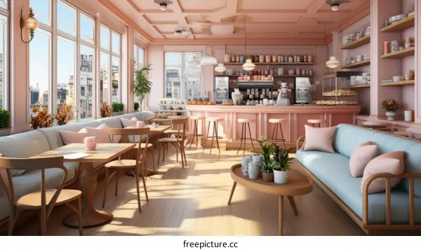 Pink and blue pastel color scheme cafe interior design