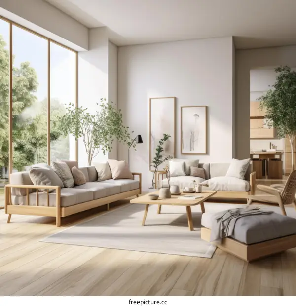 Airy and bright living room with large windows and wooden furniture