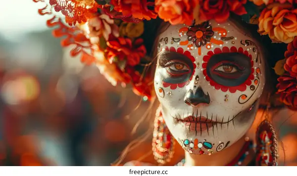 Close-up of a young woman with traditional Mexican face paint for the Day of the Dead celebration