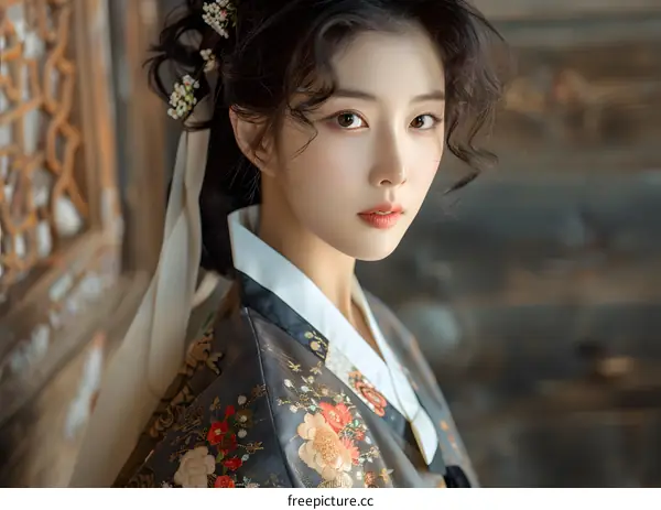 Portrait of a young Korean woman in traditional Korean dress