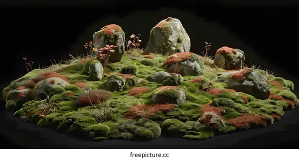 Green Moss and Rocks on Black Background