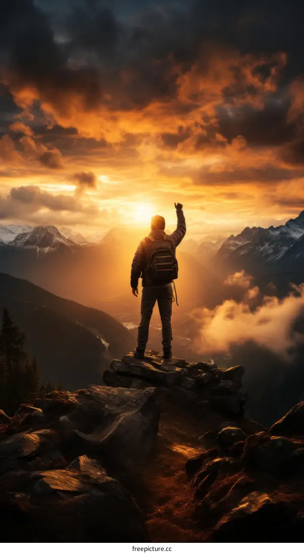 man standing on a mountaintop with his fist raised in the air