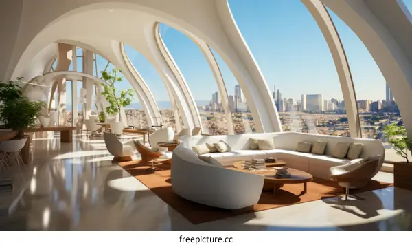 Futuristic office interior with city view