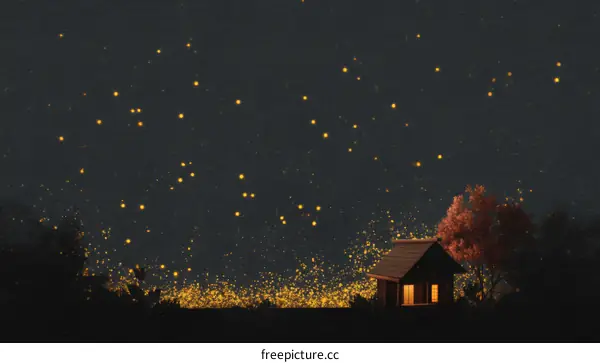 Night Scene with a Small Wooden House and Firefly Lights