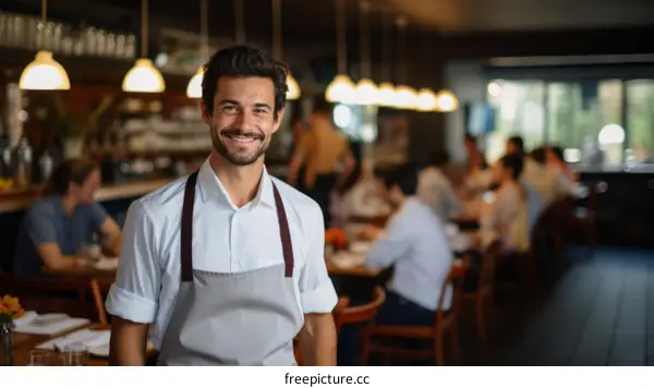 Portrait of a Smiling Male Chef in a Busy Restaurant