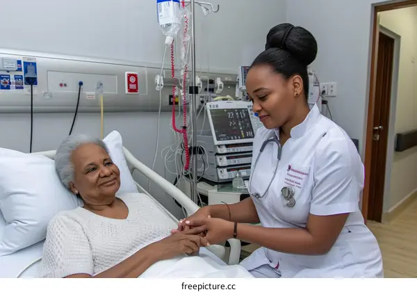 A healthcare worker holding the hand of a patient in a hospital