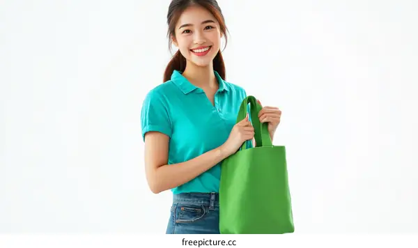 Smiling Asian Woman Holding a Green Shopping Bag