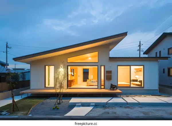 Modern House with Large Windows and a Wooden Deck