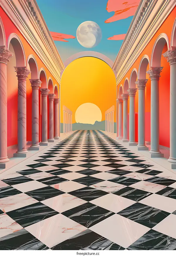 Surreal Checkerboard Pathway with Sun and Moon in a Classic Architecture