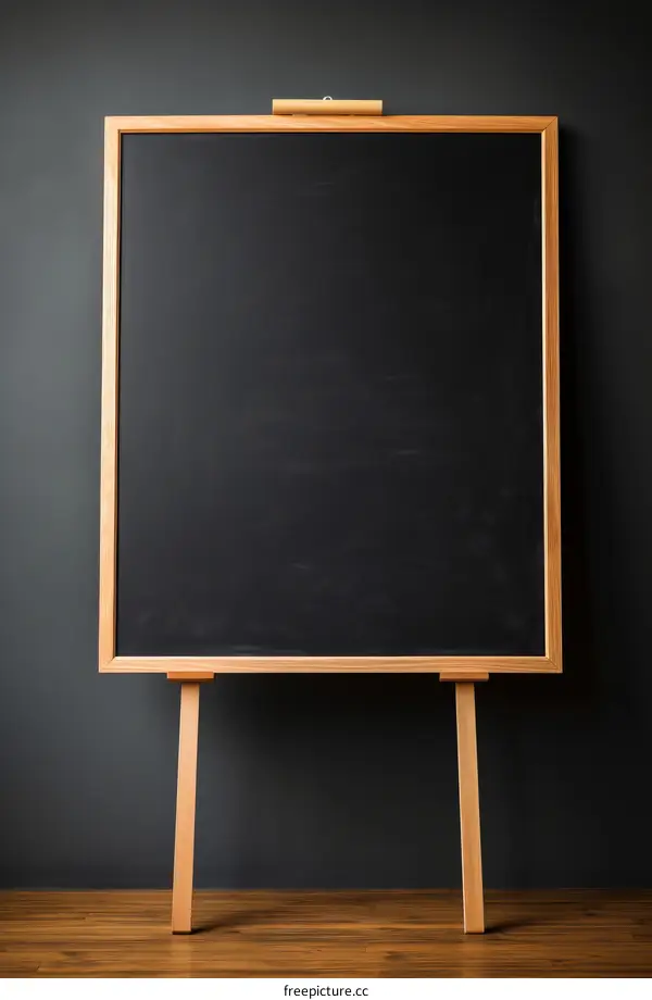 Blackboard with wooden frame on tripod legs against dark grey wall background