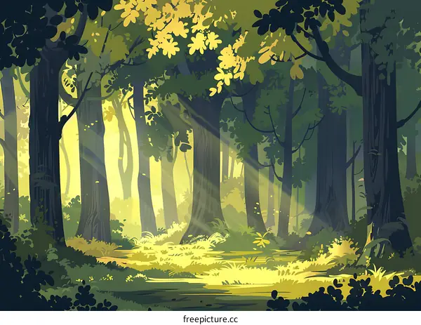 Sunlight Shining Through Trees In Forest