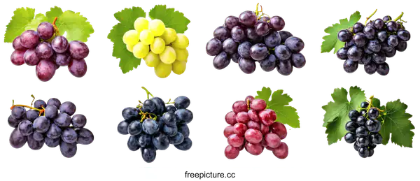 [Transparent Background PNG]Assortment of Fresh Grapes with Leaves