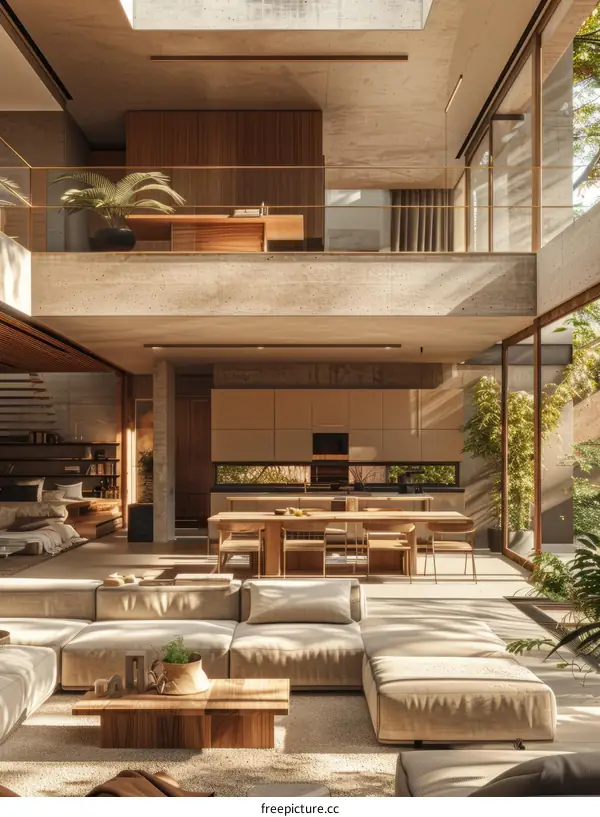 3D Illustration of Modern House Interior with Living Room, Dining Room, and Kitchen