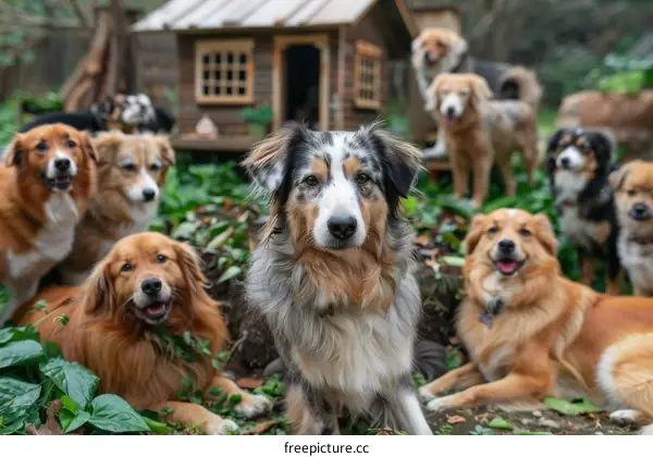 A group of dogs of different breeds posing outside a wooden house in the woods