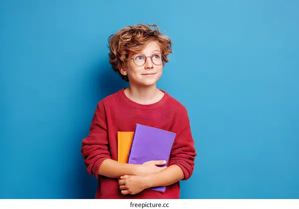 Thoughtful Child with Books Against Blue Background