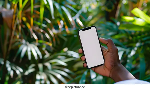 Hand Holding Phone with Blank Screen in a Green Nature Background