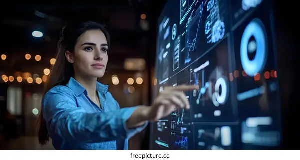Woman Working With Data Analytics On Large Screen