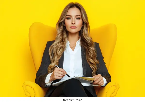 Businesswoman Taking Notes in a Yellow Chair