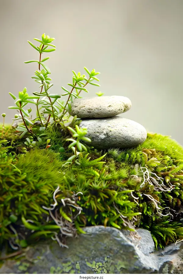 Green Moss and Stacked Stones in Nature