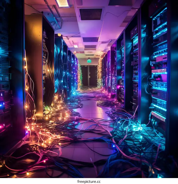 Server room with colorful cables and lights