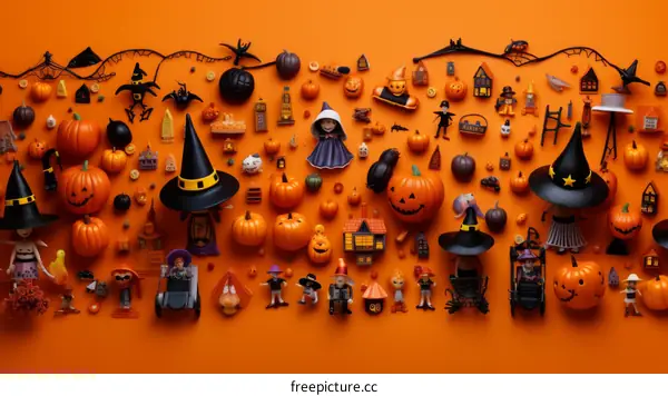 A Spooky Halloween Scene with Pumpkins, Witches, and Haunted Houses