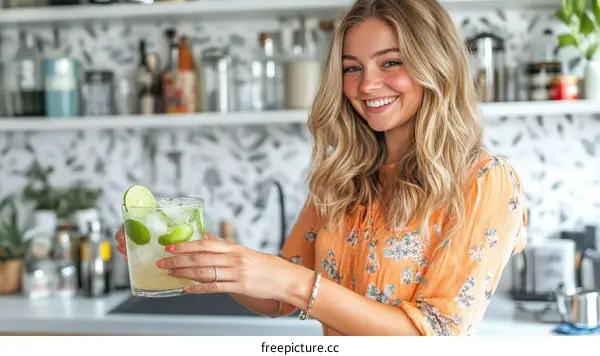 Woman Holding Cocktail in a Kitchen